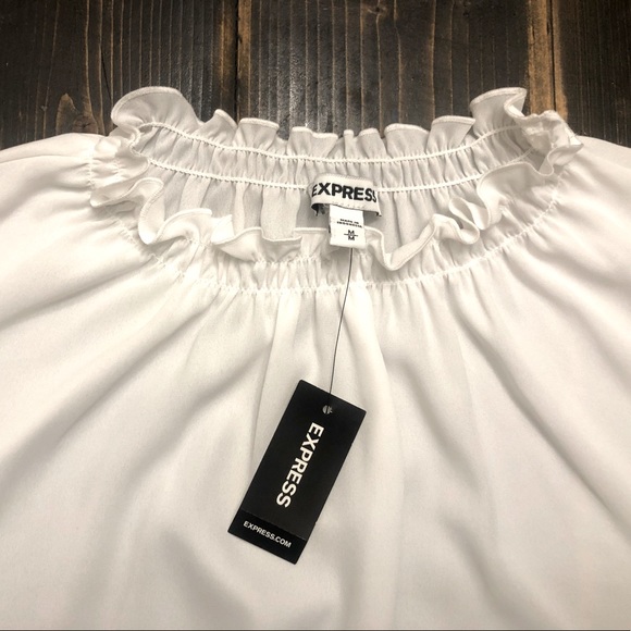 EXPRESS Pretty & Feminine Mock Neck Flutter Sleeve & Banded Waist Top SZ M - Picture 2 of 7